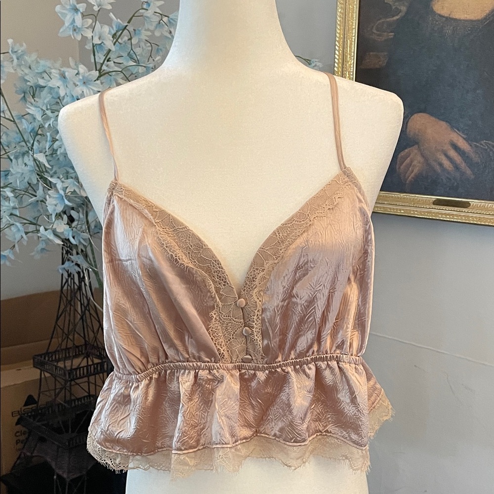 H&M Satin Lace Trim Top in Champagne